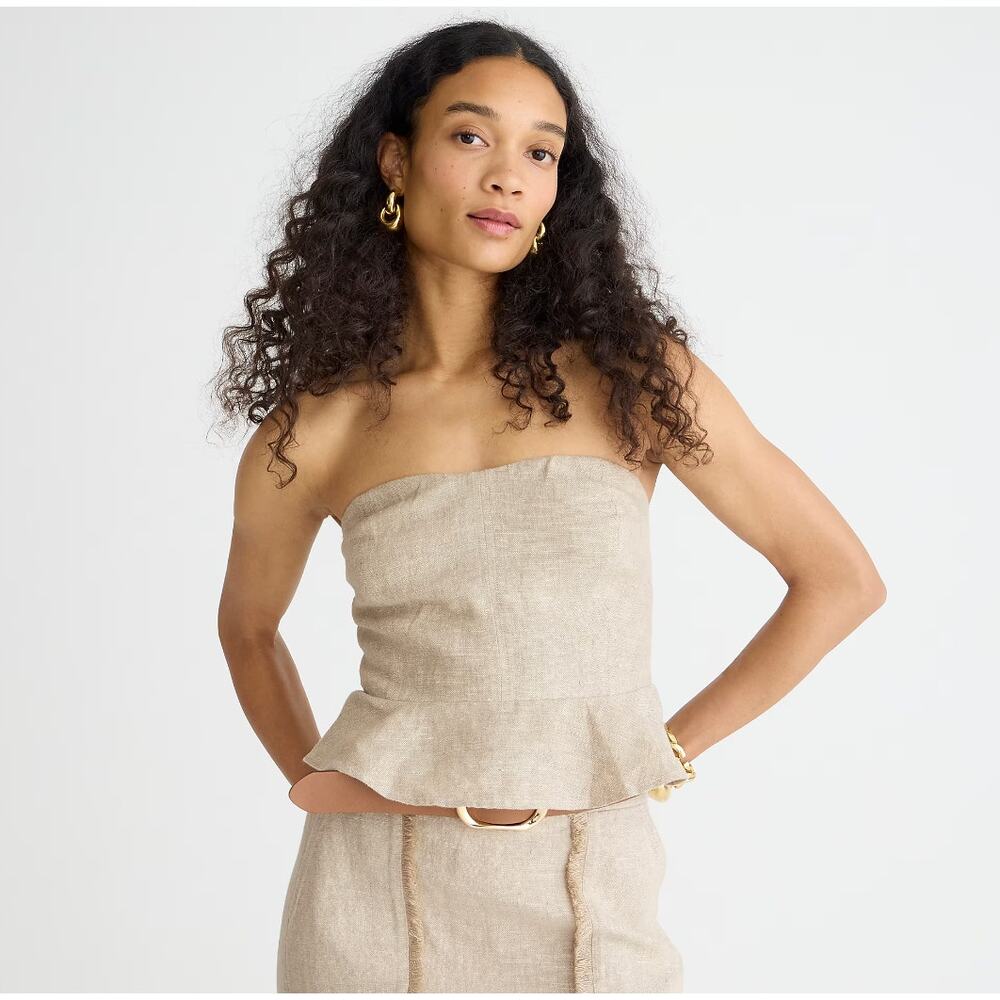 J.Crew Cropped Bustier Peplum Top Heavyweight Linen Flax Beige Preppy US 14 NWT